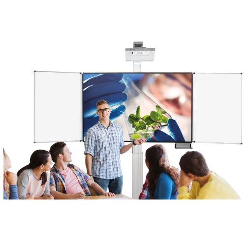 Produkt Bild Whiteboard deluxe 130 Tafel, mit Seitenflügeln, elektrisch höhenverstellbar, zur Wandmontage mit Bodenplatte EEB2013WWPO