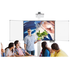 Produktbild Whiteboard deluxe 130 Tafel, mit Seitenflügeln, elektrisch höhenverstellbar, zur Wandmontage mit Bodenplatte 